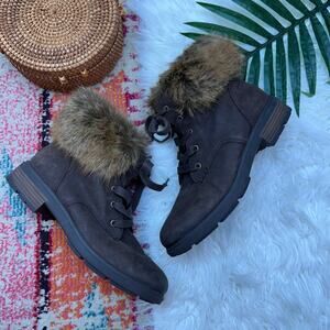 $160 UGG Brown Faux Fur Trim Lace Up Harrison Lace Tipped Boot Bootie 10